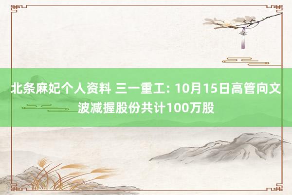 北条麻妃个人资料 三一重工: 10月15日高管向文波减握股份共计100万股