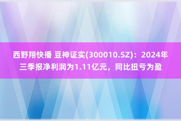 西野翔快播 豆神证实(300010.SZ)：2024年三季报净利润为1.11亿元，同比扭亏为盈